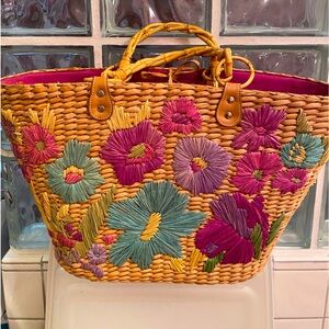 Hand embroidered bohemian straw picnic tote